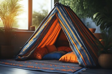 Cozy blanket fort near sunny window and green plants