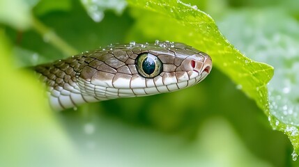 Obraz premium The glistening body of a snake weaving through wet jungle leaves, its piercing eyes scanning the undergrowth for movement