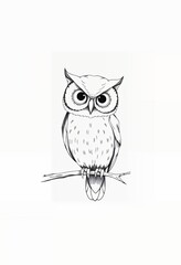 Obraz premium Owl Perched on Branch Detailed Ink Sketch Black and White Art