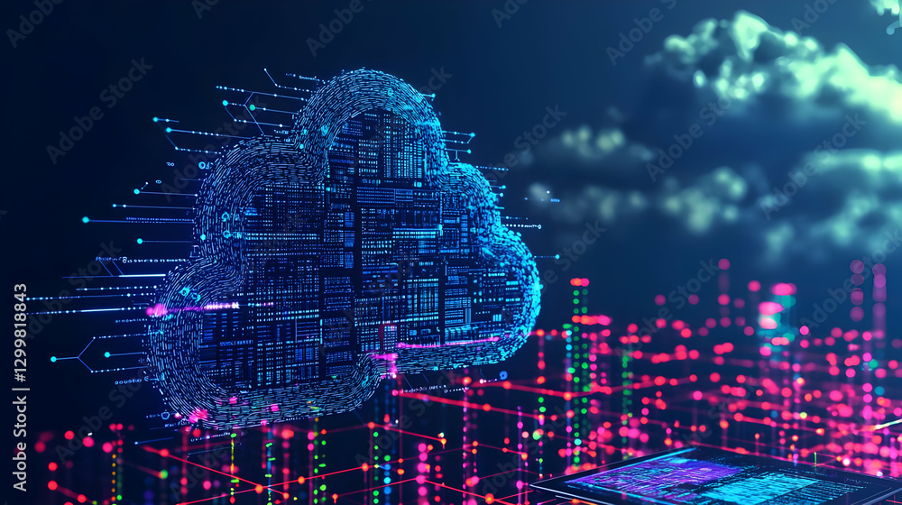 Aufkleber abstract digital cloud over illuminated city network representing data communication and technology