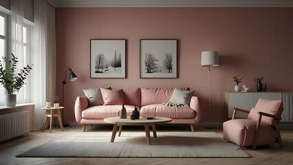 Scandinavian living room with pink sofa on empty white wall background.