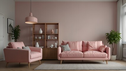 Scandinavian living room with pink sofa on empty white wall background.
