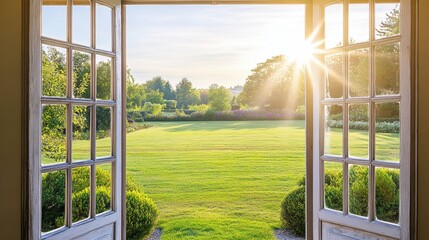 Fototapeta premium Bright Morning Light Through Open Windows Overlooking Vibrant Garden