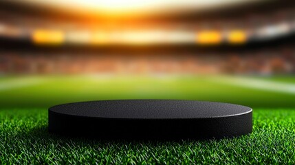 Product display stage on lush grass with stadium background for advertising and marketing mockup