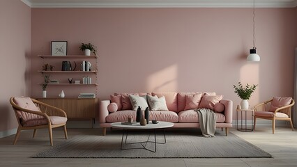 Scandinavian living room with pink sofa on empty white wall background.