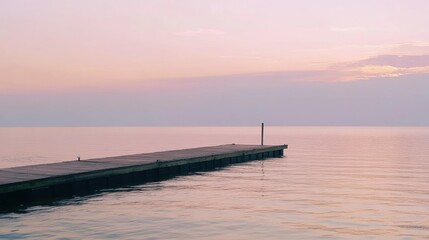 Obraz premium Serene Sunset Over Calm Water at a Wooden Dock on the Coastline