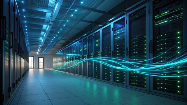 High-tech server room abundant with multiple servers showcasing advanced data management systems - Powered by Adobe