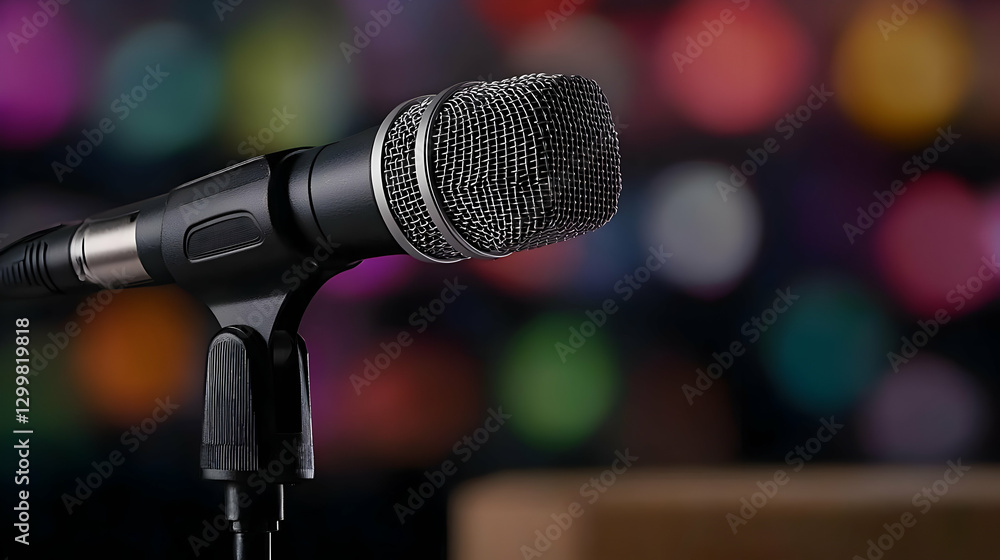 Poster black microphone on stand in front of colorful bokeh background