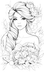 Fototapeta premium A coloring page of an adult woman with long hair in braids, wearing flowers and grasses wrapped around her shoulders.