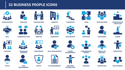 Business people icon collection featuring teamwork, leadership, communication, mentorship, HR management, innovation, skill development, and employee satisfaction.