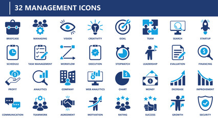 Management icons collection featuring leadership, teamwork, workflow, task management, analytics, goal setting, execution, profit growth, and communication.