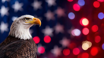 American Bald Eagle Portrait Against Festive Lights