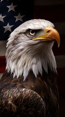 Fototapeta premium American Bald Eagle Portrait Against Flag Background