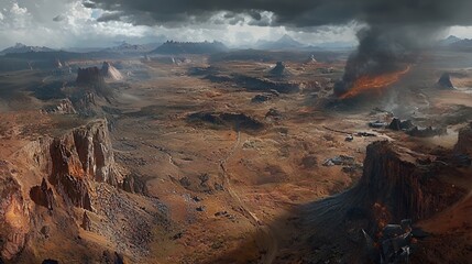 Aerial View of a Desolate Desert Landscape with Fire and Smoke