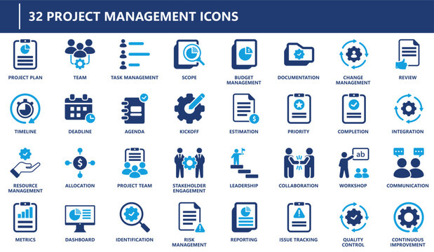 Project management icon collection featuring task management, budgeting, collaboration, leadership, risk assessment, documentation, and quality control.