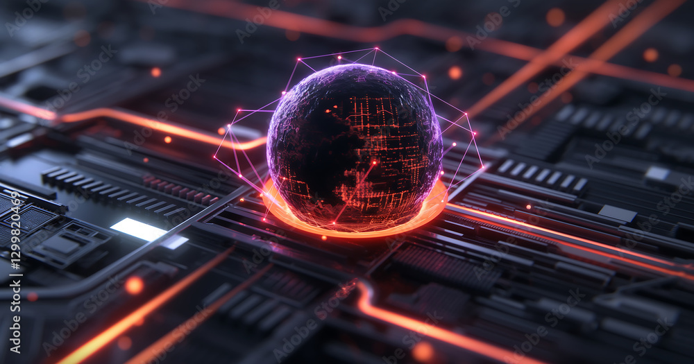Poster a conceptual illustration of quantum technology, featuring a glowing energy sphere representing quan
