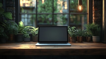 Laptop with blank screen on wooden desk near window with plants.