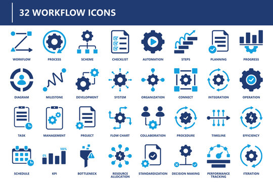 Workflow process icon collection featuring automation, task management, project planning, system development, collaboration, integration, and efficiency.