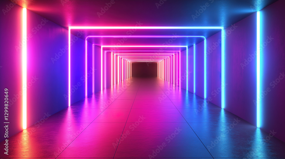 Poster fluorescent neon squares creating a rotating geometric tunnel in a colorful glowing design