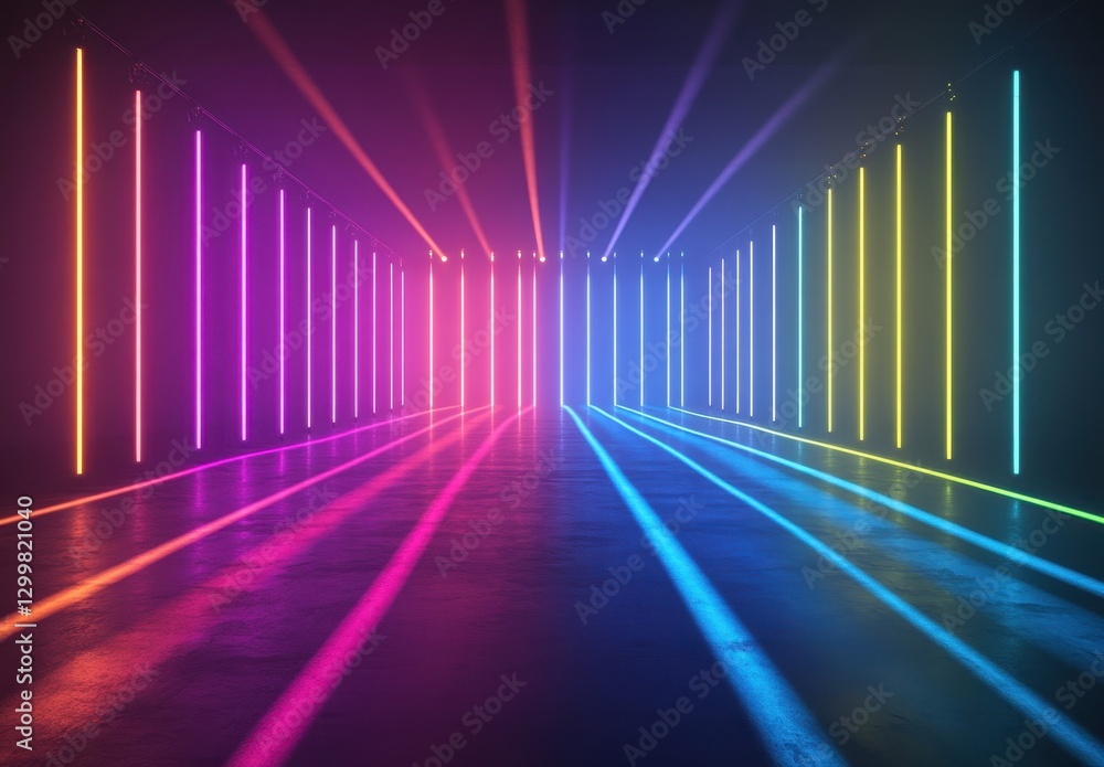 Poster vibrant neon lights creating an immersive space filled with colorful rays and reflections in a dark 