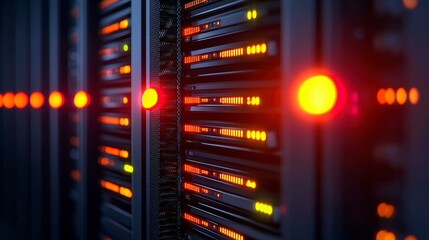 Naklejka premium Server Room Data Center Rack with Glowing Lights and Network Hardware Equipment