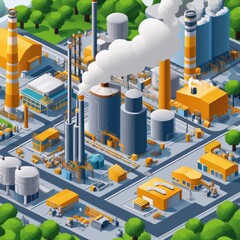 Modern Industrial Complex with Factories and Smokestacks in Landscape