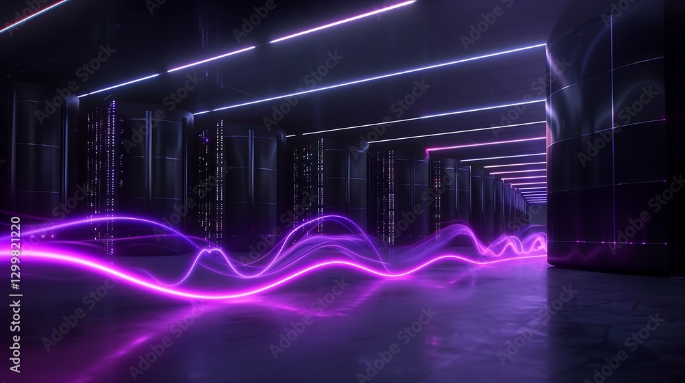 Poster a quantum computing data center filled with towering black server racks, illuminated by pulsating bl