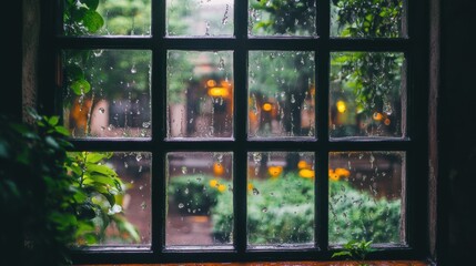 Rainy Day View Through Window with Plants and Soft Lighting