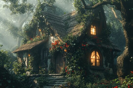 Enchanted cottage nestled in a mystical forest, glowing warmly with inviting lights.
