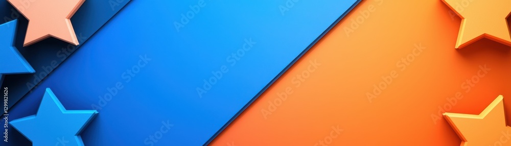 Poster a vibrant design featuring blue and orange backgrounds with star shapes, creating a dynamic and visu