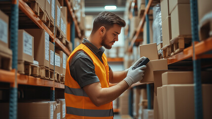 A photo of an Eastern European male employee in a warehouse setting, dressed in his work attire, standing amidst shelves stocked with various items. He is being introduced to his Dutch-looking employe