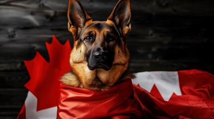 Obraz premium Noble German Shepherd Dog Wrapped in Canadian Flag Celebrates National Pride and Patriotic Symbolism