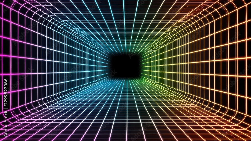 Poster a vibrant, abstract tunnel of colorful grid lines converging toward a central black void, creating a