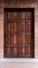 Rich Mahogany Double Doors in Brick Building Entrance
