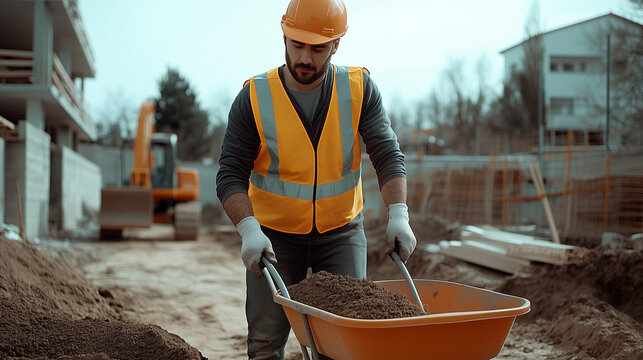 A photo of an Eastern European male groundworker, wearing a reflective vest, helmet, and safety gloves, shoveling dirt into a wheelbarrow. He is standing on a construction site, with a determined look