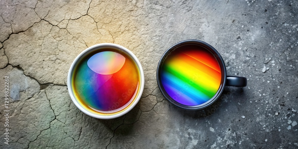 Poster double exposure data science mug flat lay: rainbow gradient concrete texture reflection