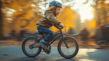 Child mastering bicycle riding, triumph over fear, park background blur