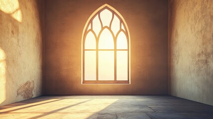 Fototapeta premium Sunlit Empty Room with Gothic Window and Textured Wall Design