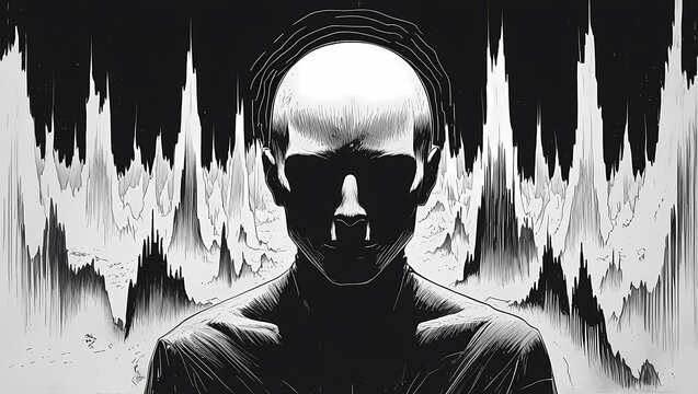 Surreal Black and White Illustration of a Person Overwhelmed by Intense Sound Waves &ndash; Symbolising Hyperacusis and Noise Sensitivity