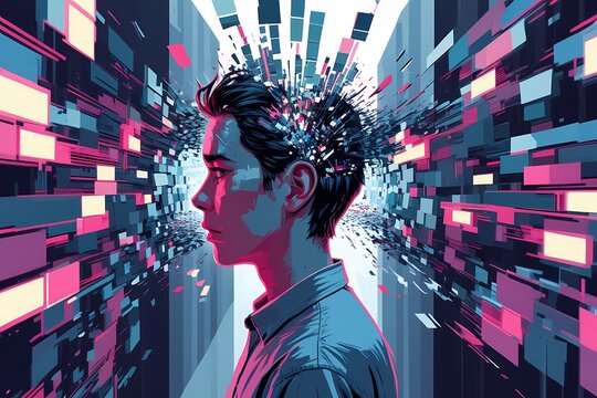 Emotional Glitch-Art Illustration of a Person’s Head Splitting Into Fragmented Echoes – A Visual Representation of Hyperacusis, Auditory Processing Disorder or Misophonia