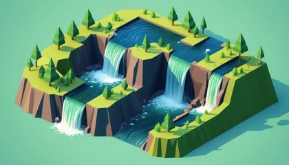Naklejka premium Scenic 3D Illustration of Tranquil Waterfalls Surrounded by Lush Greenery and Vibrant Blue Water in a Unique Geometric Style Landscape