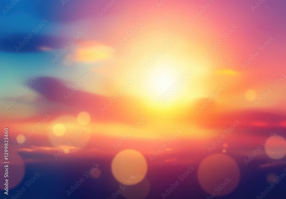 Poster vibrant sunset over calm ocean water with soft clouds and bokeh light effects creating a tranquil an