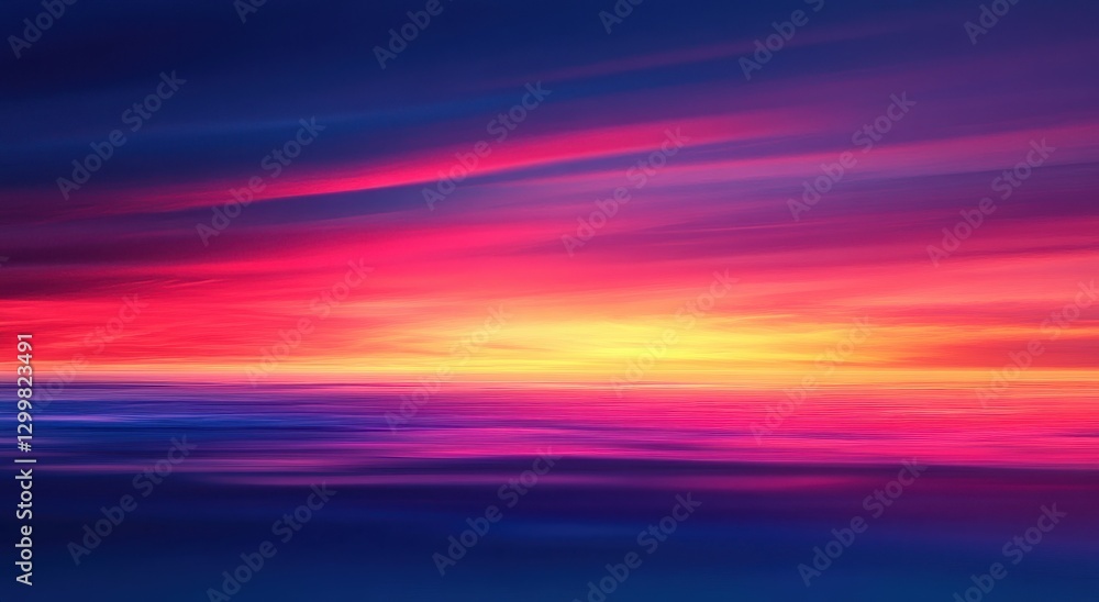 Poster vibrant sunset over calm ocean waters with dynamic color gradients creating a serene and peaceful at