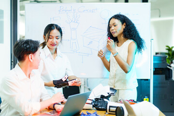 University students are learning and having a group discussion together about their sciences project.