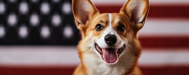 Patriotic Corgi Portrait Against an American Flag Backdrop Capturing Canine Charm and National Pride