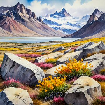 Wildflowers in the Patagonia Steppe, Chile: A striking watercolor of pink calafate blossoms, yellow llareta
