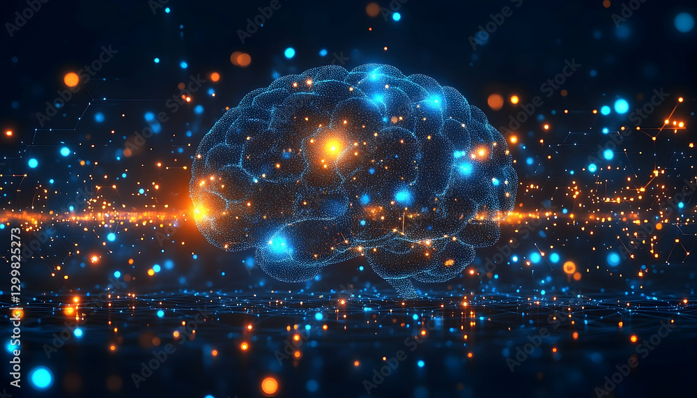 Poster digital brain illustration, conceptual image of artificial intelligence and neural network, technolo