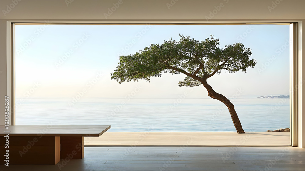 Aufkleber tree overlooking ocean view through modern window in daylight with wooden table