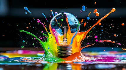 Colorful paint splash on lightbulb, creative idea concept