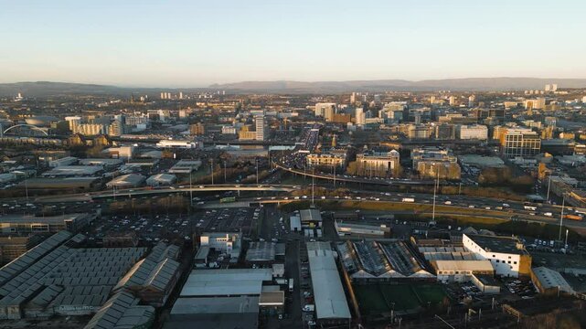 Aerial View Of Glasgow City, Skyline Showing Kingston Bridge, M74, M8 Moterways